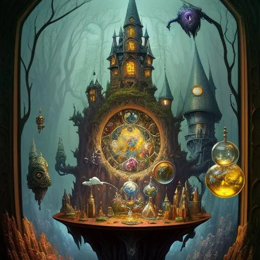 Prompt: wizard, witch, human thoughts art, elegant extremely detailed fantasy, intricate oil on canvas, crisp quality, Epic, alchemical and magic objects, extremely beautiful art by Gediminas Pranckevicius, Jacek yerka, Android jones, Thomas Kinkade, lighting by wes anderson, alchemical and magic objects, wizard, witch
