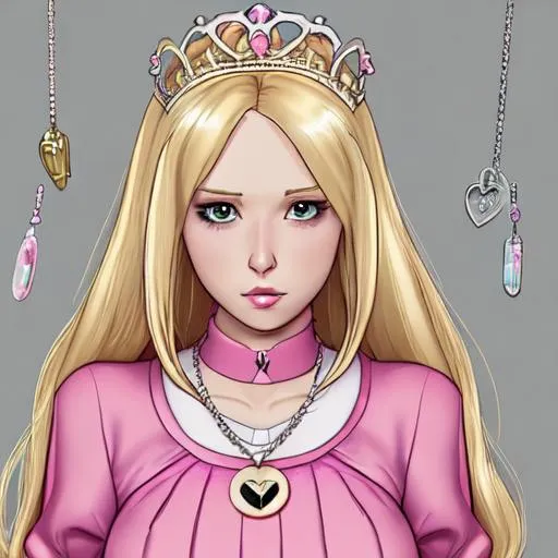 Prompt: Clear Locket Spare Me Favors Girl, Realistic, High Definition, Webcomic, Super, Blond_Hair, Pink Outfit, Notable Intellectual Queen, Professional Grade Mix, Empress of New Exoania