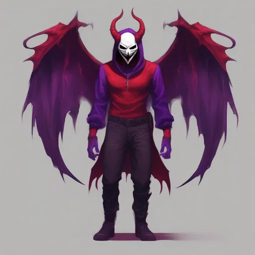 Prompt: demon with a mask, demonic wings, violet hood on, red shirt, white mask with a smile, whole body is visible