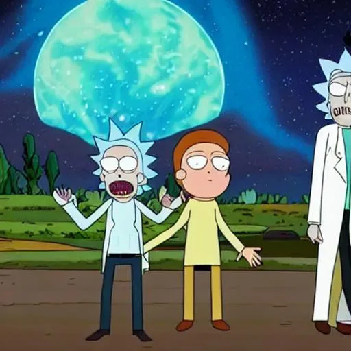 Prompt: Rick and Morty  with fin and jake