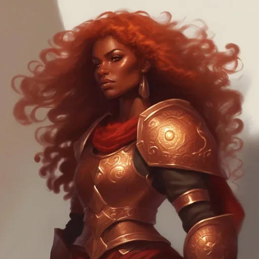 Prompt: dnd a dwarvern woman with red fiery flowing curly hair with dark tan skin wearing bronze armor sun goddess 