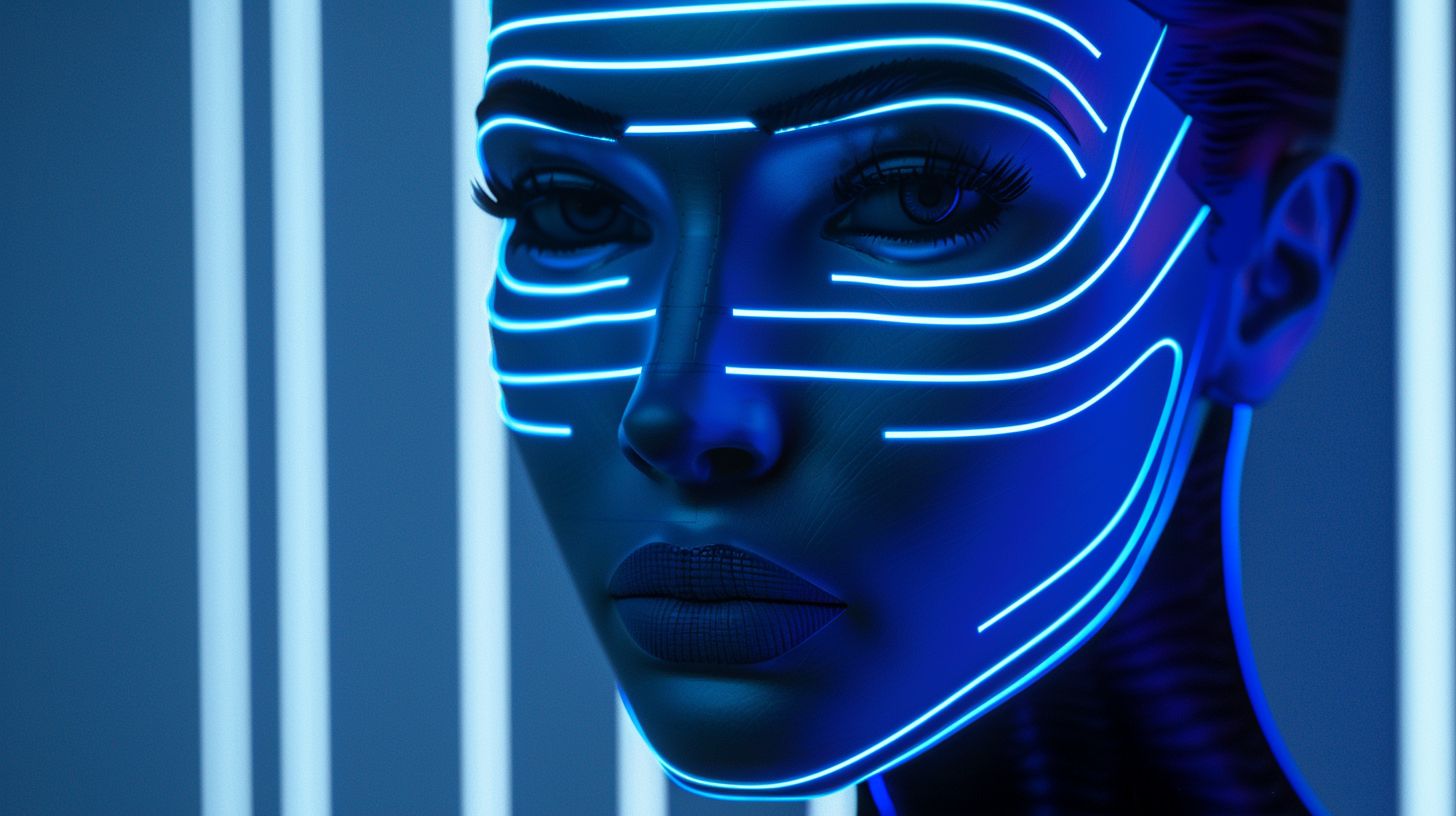 Prompt: A face in the dark, reimagined with a high-tech futuristic twist inspired by Apollos Tzavahniki. The stop-motion animation style is transformed with vibrant horizontal stripes, a light silver and dark navy color scheme, and intense chrome reflections. Mind-bending patterns blend seamlessly with the futuristic robots, creating an otherworldly atmosphere