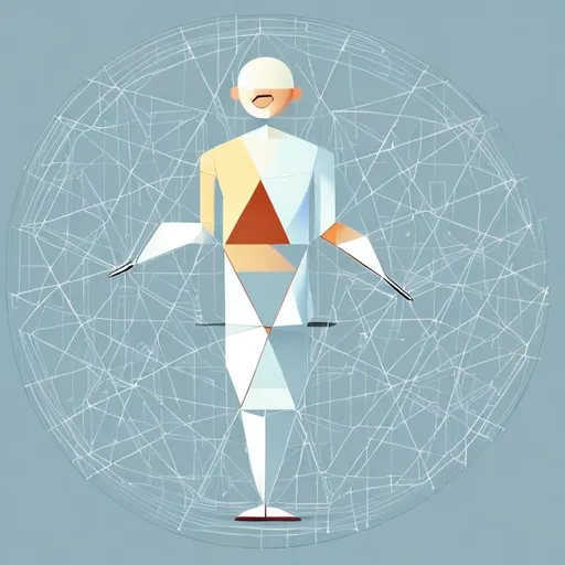 Prompt: smiling geometric human like figur in editorial illustration style, whole body made out of circle, triangle, rectangle, square