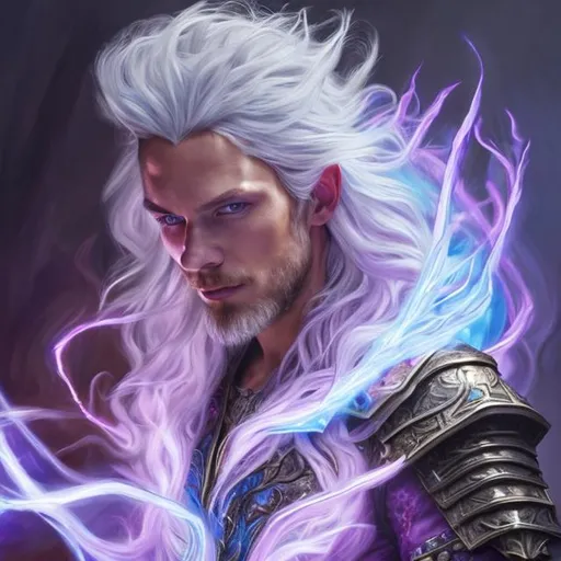 Prompt: oil painting, hd quality, UHD, hd , 8k, hyper realism, full character visible, male wizard character with long blue hair, he is using purple 
fire magic, he is wearing a fantasy syle armour  and white fantasy style shirt