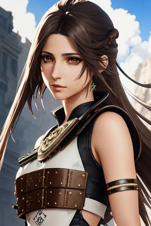 Prompt: Final Fantasy watercolor art (((((art by banksy))))), Naomi Scott, 1girl, long brown hair(((leather))), (dynamic pose))), happy, virtual eyes, wearing tribal cueitl, everything flowing, shield, surreal, (((whimsical))), (((octane render))), ((vfx)), (detailed face and eyes)