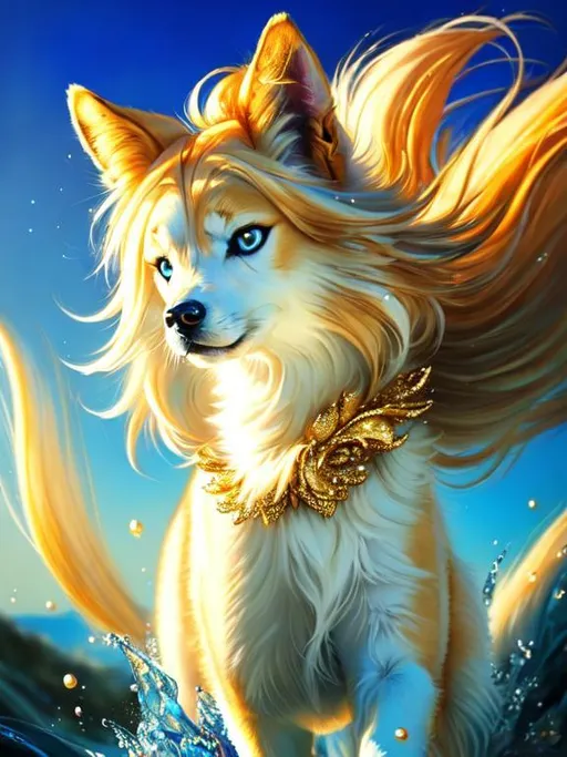 Prompt: make mouth white, 16k, 8k, 3D, ultra high definition, full body focus, very detailed, masterpiece, detailed painting, ultra detailed background, UHD character, UHD background, character design portrait of a beautiful medium-sized female {quadruped} with wind powers, pearl-gold fur and golden hairs, vivid crystal-blue eyes, long blue diamond ears with royal blue and magenta interior, (sapphire sparkling rain), sparkling gold mane, cute fangs, majestic like a wolf, playful like a fox, energetic like a deer, calm and inviting smile, ears of blue point siamese cat,  fur speckled with sapphire crystals, fluffy mane, insanely detailed fur, insanely detailed eyes, insanely detailed face, standing in fantasy garden, atmosphere filled with (sparkling rain) and (flower petals), pink and cyan flowers, cherry blossoms, mountains, auroras, pink twilight sky, unreal engine, best quality