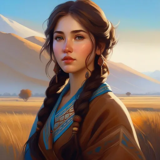 Prompt: Third person, gameplay, ancient Kazakh girl, pale skin, brown hair, brown eyes, steppe, fog, blue atmosphere, cartoony style, extremely detailed painting by Greg Rutkowski and by Henry Justice Ford and by Steve Henderson 