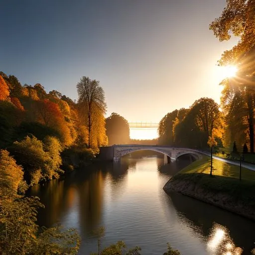 Prompt: river, soft dramatic lighting,
light shafts, radiant, wide angle shot, arched bridge, rule of thirds, golden hour, ultra high quality octane render, Hyperrealism, artstation, daytime forest background, bokeh f/22, hypermaximalist