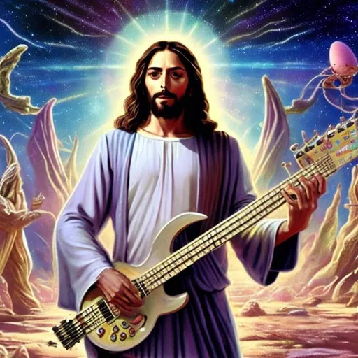 Prompt: Jesus playing double-neck Sitar for spare change in a busy alien mall, widescreen, infinity vanishing point, galaxy background, surprise easter egg