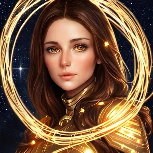 Prompt: A high quality woman with brown hair and hazel eyes with a photo realistic face surrounded by stars a golden glowing string, fantasy, science fiction, beautiful, 