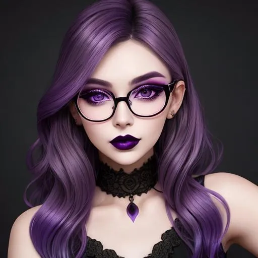 Prompt: A beautiful woman, beautiful face, stunning violet eyes, ombre gradient violet hair, delicate dress ,wearing glasses, dark lipstick