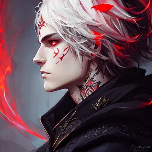 Prompt: noble attire, short hair, caplet and hood, male, red eyes, evil,  cursed markings on face, glowing tattoos, tattoo on cheek, UHD, 8K, high fantasy, (((art by Agnes Cecile))), 