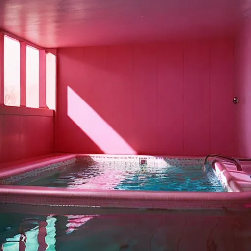 Prompt: pink, pink pool rooms, pool rooms, liminal space, plants