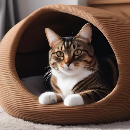 Prompt: Super realistic brown tabby cat laying in a cat bed full HD 8k