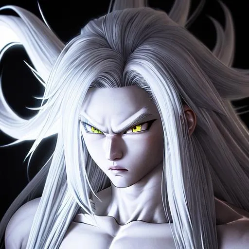 Prompt: Ultra Realistic Portrait Dragon Ball GT super Sayin 4 character with glowing white long hair and fur 3D Anime style, detailed face, dark but cool and edgy fighting an enemy in the air shooting a kia blast in a futuristic city with high detail rendered in Unreal Engine 5 highly detailed Sumi-e ink art style by Shesshu Shubun