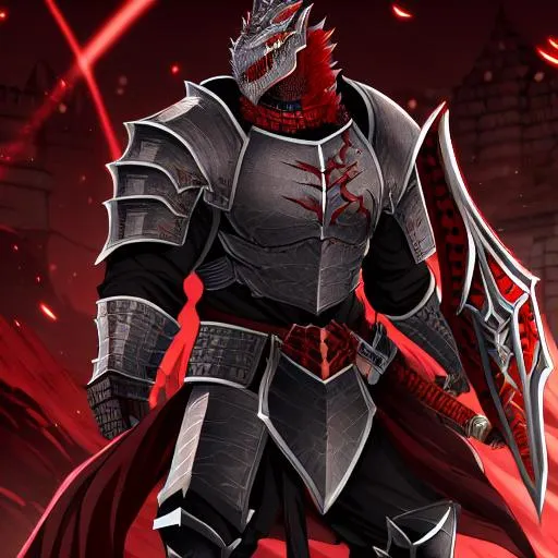 Prompt: Argonian, Male, red eyes, black scale's, Heavy armor, strong, arms crossed, scarred eye, sword and shield, Enraged