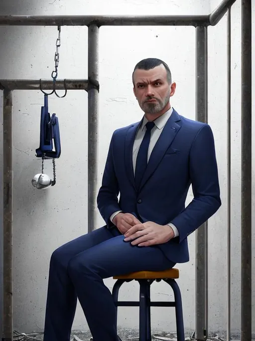 Prompt: create a photorealistic high-definition 8k ultra 3d rendered image of me (focus high-definition details on the face) wearing a navy blue suit sitting on a stool in a old abandoned concrete prison cell with metal bars and light beaming through a window