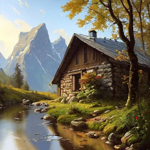 Prompt: a peder mork monsted like painting of a cabin  by a stream near a mountain.