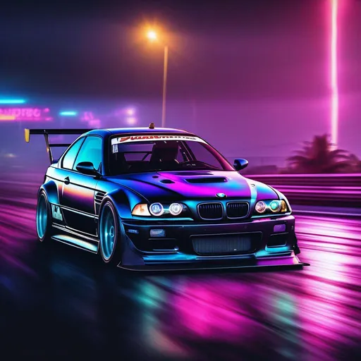 Prompt: 2001 BMW M3 E46 GTR, synthwave, aesthetic cyberpunk, miami, highway, dusk, neon lights, coastal highway, dusk, neon lights, coastal highway, sunset, drift, nurburgring, water on the road, blade runner, 64k, watercolor, macro sharp focus, 8, hyper realistic, cinematic, highly detailed, photoraelistic, clean