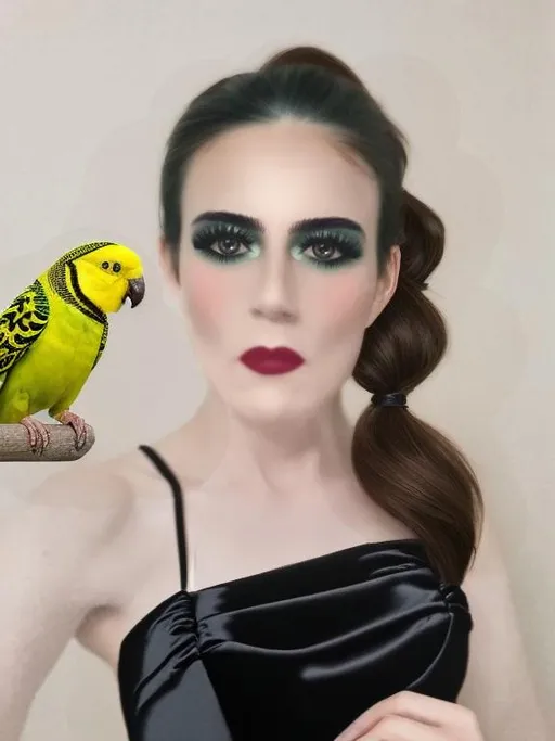 Prompt: add a yellow parakeet sitting on the womans shoulder