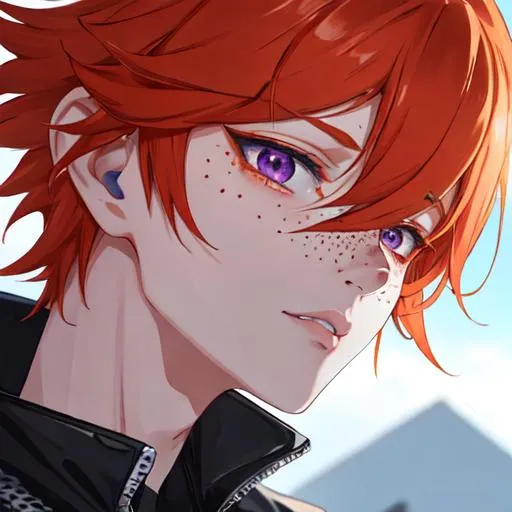 Prompt: Erikku male adult (short ginger hair, freckles, right eye blue left eye purple) UHD, 8K, Highly detailed, insane detail, best quality, high quality,  anime style, biker 