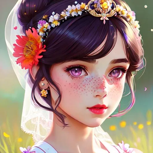 Prompt: cute girl with freckles, kid, high bun, flowers in hair, intricate, detailed face, by Ilya Kuvshinov and Alphonse Mucha, dreamy, pastel colors, honey, red lips, violet eyes, diadem, tiara, veil, earrings, sparkles, clouds, clear eyes