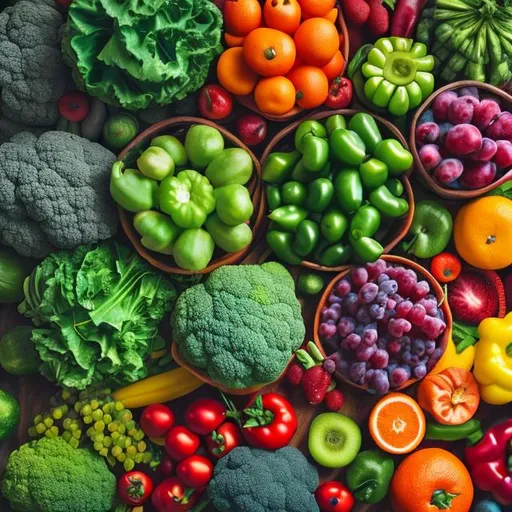 Prompt: long shot scenic professional photograph of fruits and vegetables, perfect viewpoint, highly detailed, wide-angle lens, hyper realistic, polarizing filter, natural lighting, vivid colors, everything in sharp focus, HDR, UHD, 64K