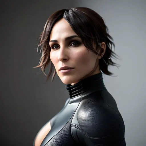 Prompt: hyper detailed portrait of (Noomi Rapace), wearing black bodysuit: full body, smooth soft skin, symmetrical, natural skin texture, soft lighting, detailed face, photo realism, hyper realistic, looking into camera, photorealistic professional painting, sharp focus, 8k, perfect composition, trending on artstation, award-winning photograph, unreal engine 5, cinematic smooth, intricate detail, studio photo, film style, highly detailed. simple background.