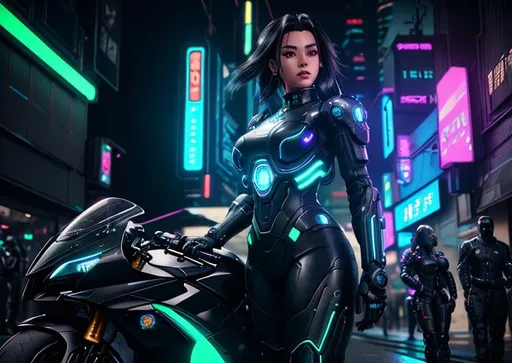 Prompt: portrait of a beautiful female android in a black cybernetic and futuristic exo-suit with a motorcycle in a crowded cyberpunk city street, neon lights reflections, cinematic, unreal engine, photorealistic, 3d render, 32k, --niji 5 --style expressive, cyberpunk night city, trending on artstation, dim lighting, neon lights