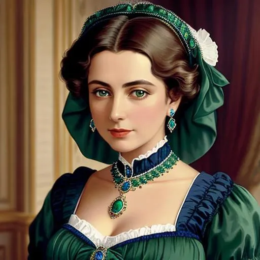 Prompt: Wealthy, stylish lady of the Victorian era, wearing sapphire jewelry, wearing green, facial closeup