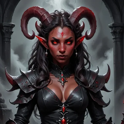 Prompt: Female tiefling blood cleric, slim physique, gothic attire featuring dark red accents, intricate silver jewelry, glowing crimson insignia, intense gaze, mysterious atmosphere, adorned with dark rituals, ominous fog in the background, detailed horn structure, ethereal light illuminating her features, tension-filled ambiance, ultra-detailed, high-quality fantasy art, captivating presence, emotional depth.