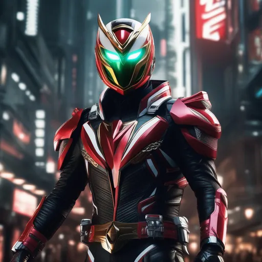 Prompt: Ultra Realistic, kamen rider, Intriguing complex multiple characters in a [machinecore] movie scene still, raw cinematic realism, insane details, crisp, tack sharp focus, intricate, dark art, perfect face. digital illustration by dan mumford, The composition is very detailed, 8K, perfect composition, golden ratio, red and white, cypunk, tokyo, japan, by artstation, furistic, holographic, 8k