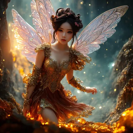 Prompt: (Masterpiece, top quality, best quality, official art, beautiful and aesthetic:1.2), fairy trapped in amber, ultra detailed, intricate, (epic composition, epic proportion), volumetric lighting, warm color, award winning, photography,