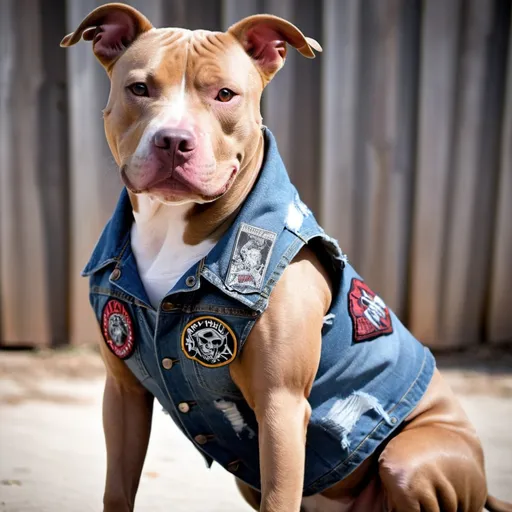 Prompt: pitbull dog wearing a heavy metal music denim vest thrash metal patches 