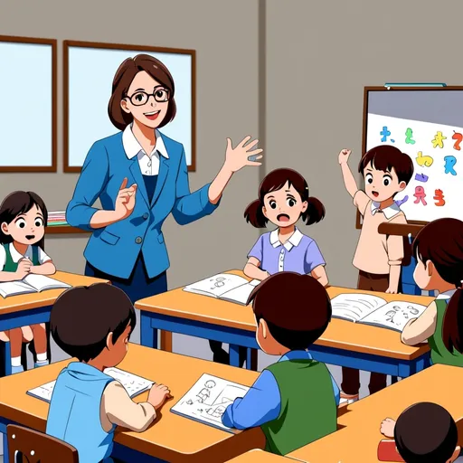 Prompt: animated kids, few kids learning with teacher