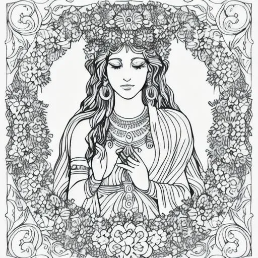 Prompt: Black and white coloring page of a goddess surrounded by flowers