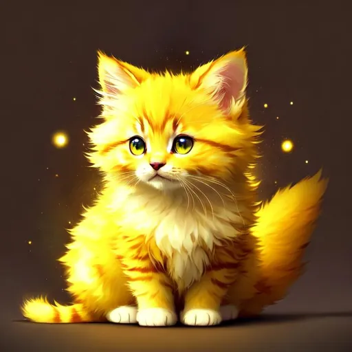 Prompt: Cute, yellow, fluffy, fantasy light kitten, with lighting, yellow eyes, yellow fur, and possessing the element of space and making circles of lighting stripes
 move around in the air in a magical way, in a space background. Perfect features, extremely detailed, realistic. Krenz Cushart + loish +gaston bussiere +craig mullins, j. c. leyendecker +Artgerm.