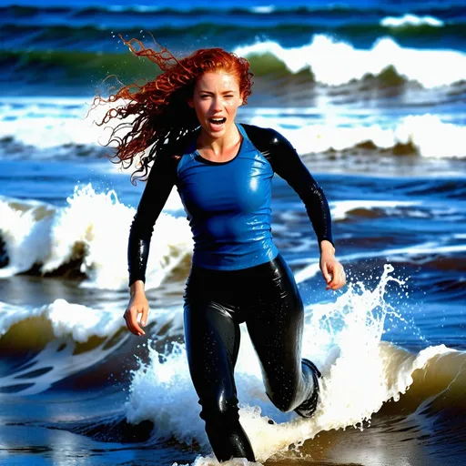 Prompt: photo of young woman, in soaking wet clothes, (wet Boots , Rubber legins, Crop top),  , Running  through big waves sea ,   enjoying, wet clothes stuck to body,  detailed textures of the wet clothes, wet face, wet plastered hair,  wet, drenched, professional, high-quality details, full body view , Wet red hair curly