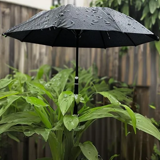 Prompt: black umbrella in rain over plant