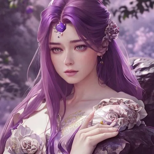 Prompt: a realistic feminine elegant ethereal princess with intricately decorated purple flowing robe, auburn balayage  hair, seated on a rock bench in a beautiful rose garden, highly detailed , HD quality, dramatic light, octane, facial closeup