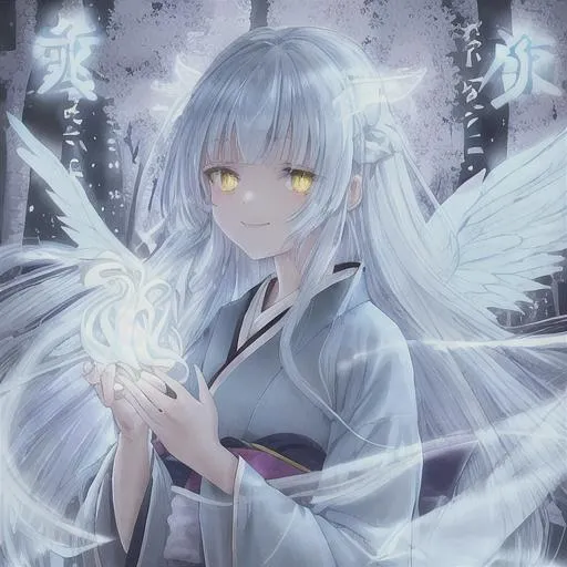 Prompt: Beautiful girl with long light blue hair in a braid. She has light yellow eyes smiling cutely. Wearing a completely dark blue kimono. At night. Her eyes glow in the dark. She is in a field of light yellow lilies. with willow trees in the back round. She has white fluffy angel wings on her back. She does not have wings on her head.