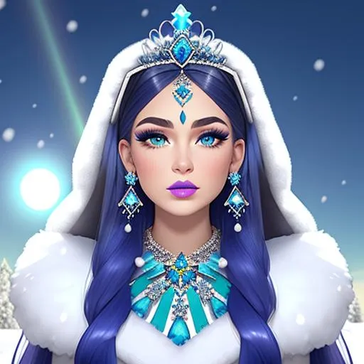 Prompt: Pokimane, Heavy snow, Giant Blue Orb in Sky, Long Straight Blue hair, Ice crystal tiara with Green Flowers, Thick bushy blue eyebrows, medium sized nose, plump diamond shape face,  Blue lips, ethereal blue eyes, Triangle Star earrings, soft ears, Large blue plastic chain around neck, Blue heart necklaces, Purple candy shaped rings, Large blue fur coat with armor underneath. Scaley gloves. Long Blue Skirt with moons.