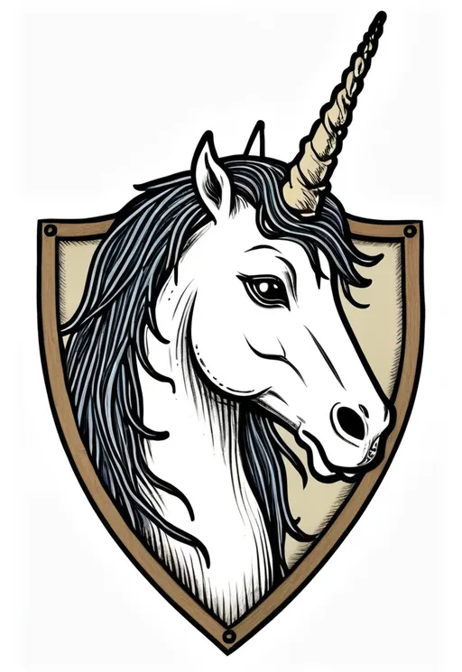 Prompt: a drawing of a unicorn head looking to the right with long hair shown on a shield with a black outline, artist, art brut, concept art