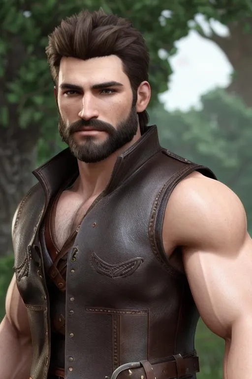 Prompt: Photorealistic, male gay warrior, hypermasculine, medium musculature, leather vest, very hairy chest, short wavy hair, short beard, leather clothing, very detailed eyes, 8k
