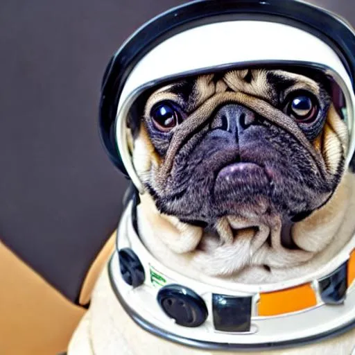 Prompt: A cartoon pug, wearing a space helmet.