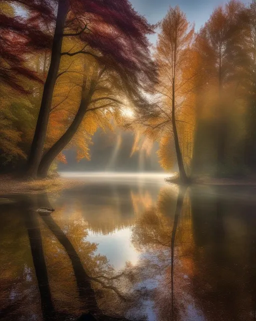 Prompt: A peaceful autumn morning landscape with rays of light peeking through the mist hovering above a glassy lake, surrounded by vibrantly colored trees (((reflecting))) in the still water. Conveys serenity, tranquility, and natural beauty. Shot with a wide angle Sony a7R IV and a 16-35mm GM lens.