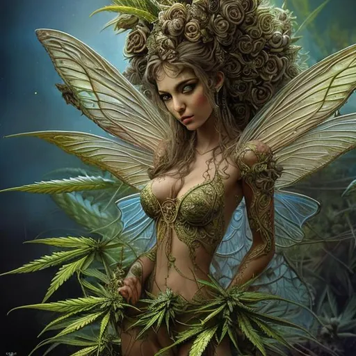 Prompt: Intricately detailed beautiful fairy goddess of the marijuana harvest hyper realistic extremely detailed dark cinematic in the style of boris vallejo