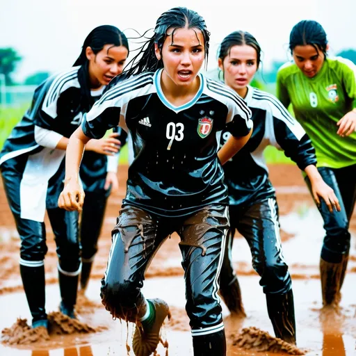 Prompt: photo of young woman, soaking wet clothes, no shoes, black leather pants, ,  , group of girls playing muddy soccer with various clothes,   enjoying, water dripping from clothes, clothes stuck to body,  detailed textures of the wet fabric, wet face, wet plastered hair,  wet, drenched, professional, high-quality details, full body view.