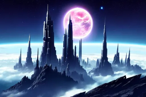 Prompt: Futuristic Tall black towers on deep dark ocean dark sky spaceships night lights hover ships dark tall city lots and lots of small floating ships hovering above clouds big planet with rings closeby spaceships hovering