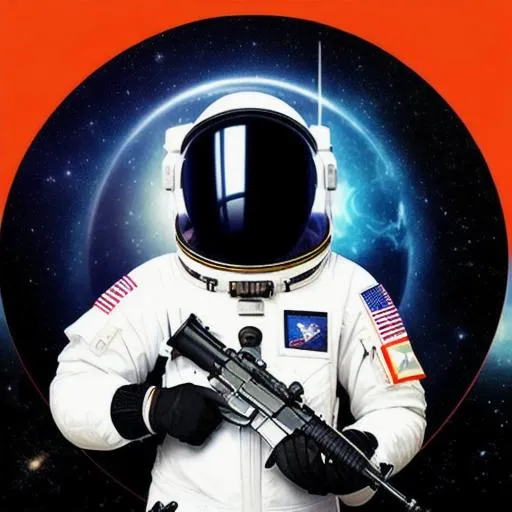 Prompt: Album cover of a man in a space suit, holding an ak47, parental advisory explicid content sign in the corner, visor covering face